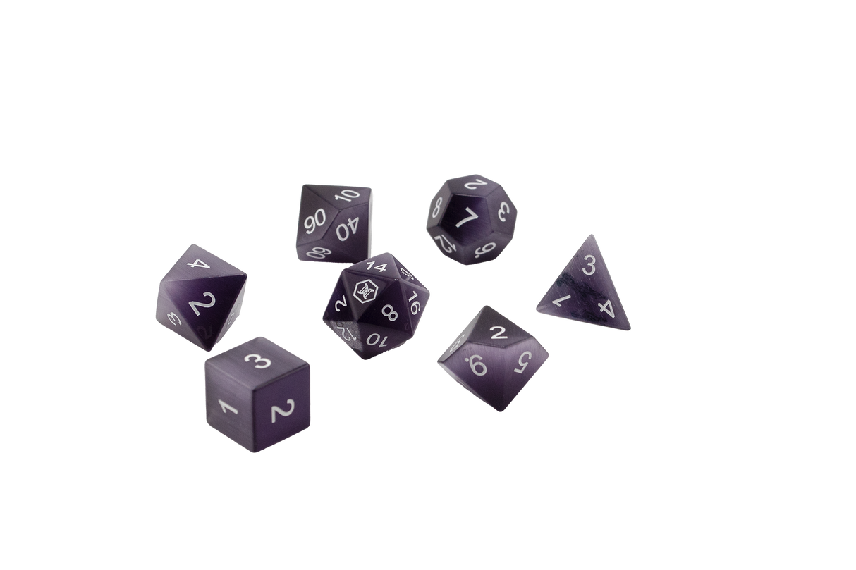 Purple Cat's Eye Gemstone Dice Set